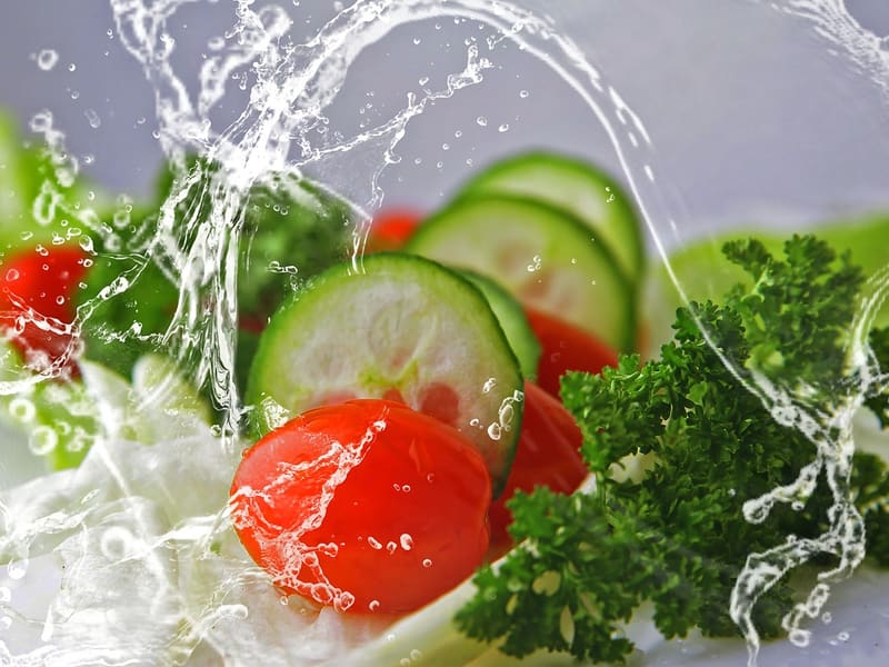 Frisches Salatgemüse: Gurkenscheiben, Tomate und Petersilie